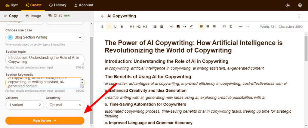 Rytr Blog section writing tool